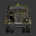 Vintage Military Truck With Camouflage Paint Yellow Triangle Sign And Red Fire Extinguisher