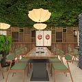 Chinese Restaurant Interior With Bamboo Decor Green Vines Wooden Table Skewers And Stone Railings