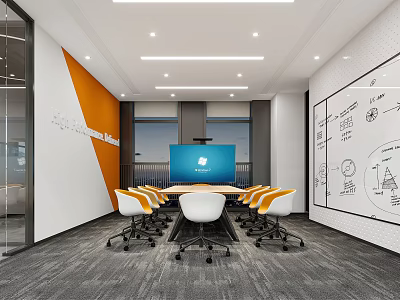Bright Modern Conference Room With Orange Wall Whiteboard Large Screen And Comfortable Chairs 3d model