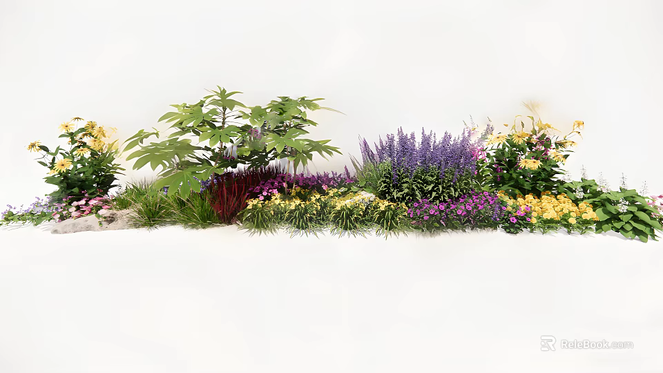 Vibrant Garden Flowers With Purple Yellow Blooms And Lush Green Foliage 3d model 