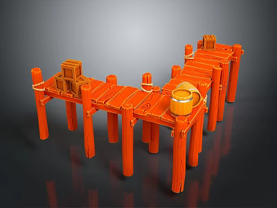 Orange Wooden Dock Structure With Planks Posts Crates And Barrel 3d model