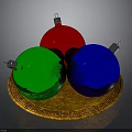 Shiny Christmas Ornaments In Red Green Blue On Gold Greek Pattern Platter