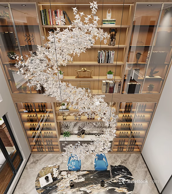 Luxury Duplex Living Room With Art Chandelier Bookshelves And Wine Cabinets 3d model 