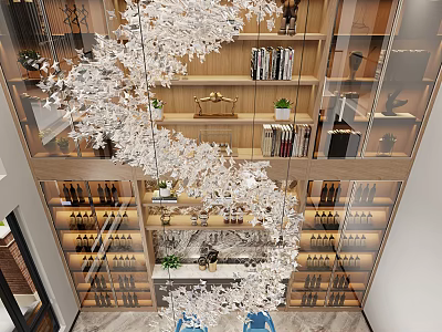 Luxury Duplex Living Room With Art Chandelier Bookshelves And Wine Cabinets 3d model