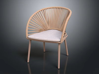 Stylish Wicker Chair With Curved Rattan Backrest Light Wood Legs And Cushioned Seat 3d model