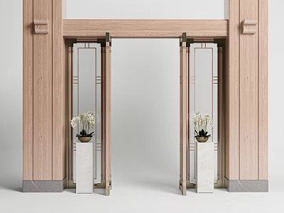 Modern Double Doors With Wooden Frame And Decorative Vases On Marble Pedestals 3d model