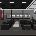Spacious Service Hall With Black Leather Sofas White Coffee Tables Red Columns And Large Windows