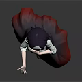3D Rendered Woman With Black Long Hair White Top And Gradient Red Skirt Gray Background
