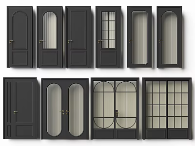 Collection Of Various Black Hinged Doors With Glass Inserts And Frame Styles 3d model