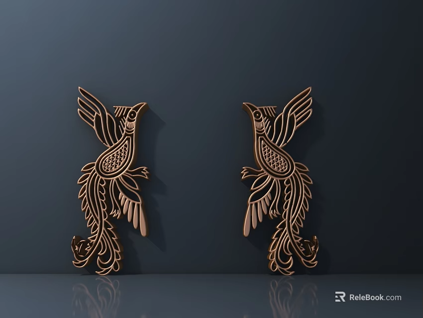 Intricate Carved Wooden Bird Shaped Decorations on Dark Background with Reflection 3d model 