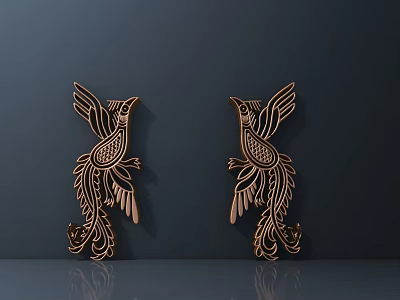 Intricate Carved Wooden Bird Shaped Decorations on Dark Background with Reflection 3d model