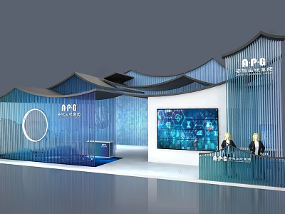Modern Exhibition Booth Design With Curved Structure Digital Screen And Human Models 3d model