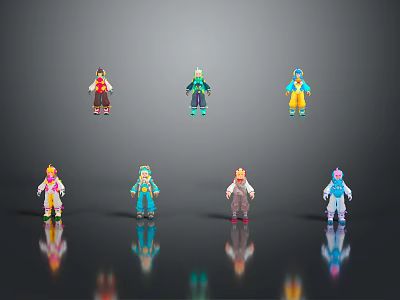 Vibrant Cartoon Character Figures With Various Colored Outfits On Black Reflective Background 3d model