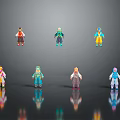 Vibrant Cartoon Character Figures With Various Colored Outfits On Black Reflective Background