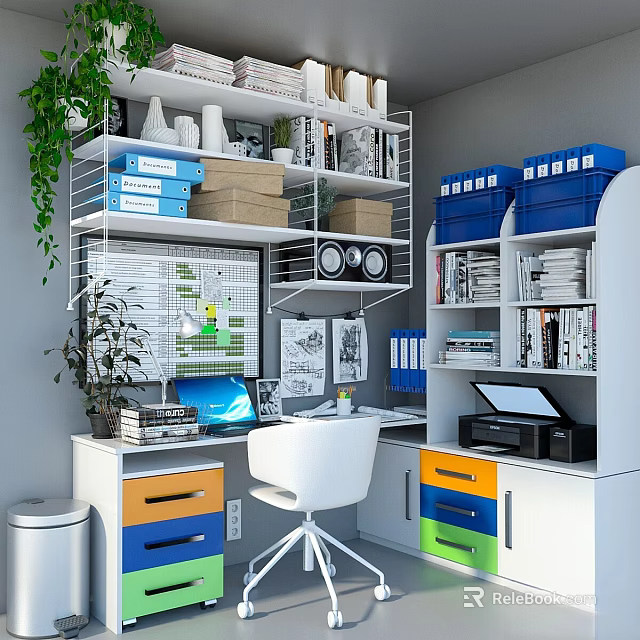 Functional Home Office Desk And Chair Set With Colorful Drawers Bookshelves And Plant 3d model 
