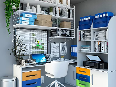 Functional Home Office Desk And Chair Set With Colorful Drawers Bookshelves And Plant 3d model