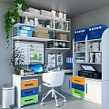 Functional Home Office Desk And Chair Set With Colorful Drawers Bookshelves And Plant