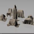 Covered Furniture Display With Various Shapes And Sizes On Dark Background