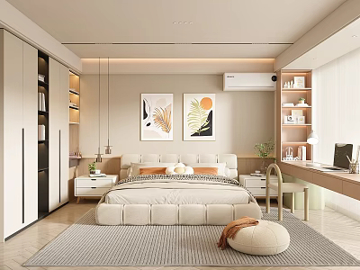 Modern Bedroom Interior With Neutral Tones Bed Rug Artwork Bookshelves And Dressing Table 3d model