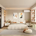 Modern Bedroom Interior With Neutral Tones Bed Rug Artwork Bookshelves And Dressing Table