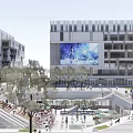 Modern Commercial Street With Multi Storey Glass Facade Buildings And Pedestrians On Walking Path