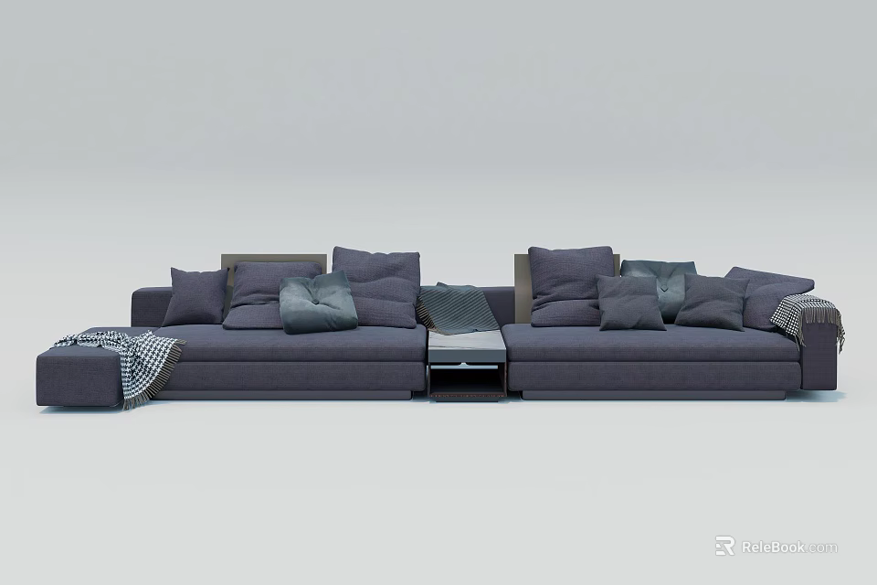 Modern Gray Fabric Sectional Sofa With Multiple Pillows And Throw Blanket 3d model