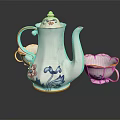 White Ceramic Tea Set With Blue Red Floral Patterns And Yellow Rim Teacups