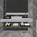 Modern Hotel Bathroom Interior With Marble Walls Black Cabinets Double Vanity And Shower