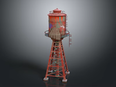 Vintage Red Water Tower Structure With Metal Frame Top Tank And Ladder 3d model