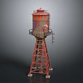 Vintage Red Water Tower Structure With Metal Frame Top Tank And Ladder
