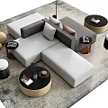 Modern Light Gray L Shaped Sofa With Round Coffee Tables And Stools On Rug 3d model