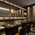 Japanese Style Restaurant Interior With Wooden Decor Hanging Lamps And Teppanyaki Tables