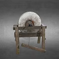 Traditional Rustic Garden Ornament With Large Stone Wheel And Wooden Stand