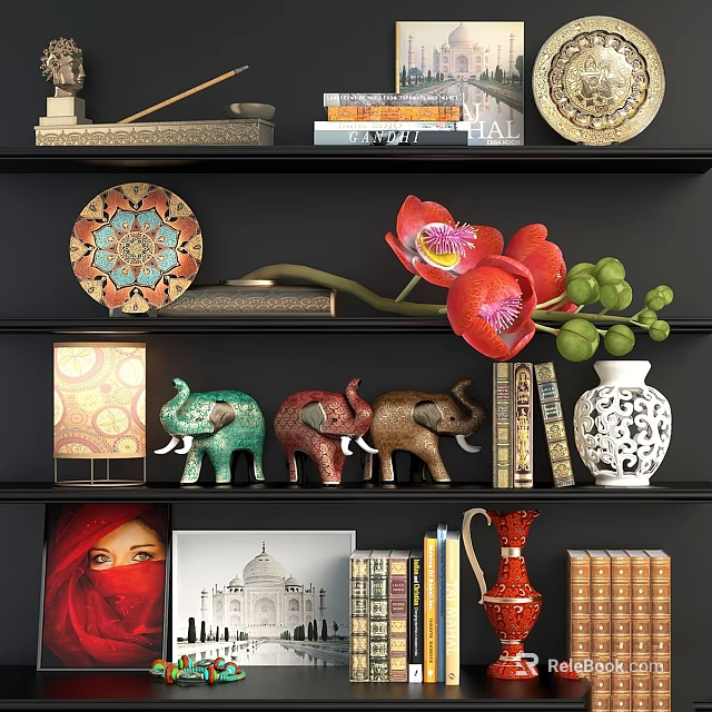 Stylish Decorative Ornament Set With Elephant Figurines Decorative Plates Vases Books And Orchid On Shelves 3d model 