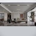 Modern Living Room With Beige Sofa Brown Geometric Art White Cabinets Washing Machine And Curtains