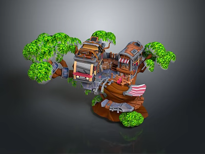Cartoon Scene Featuring Wooden Treehouse With Green Leaves Small Buildings And Red Flag 3d model
