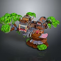 Cartoon Scene Featuring Wooden Treehouse With Green Leaves Small Buildings And Red Flag