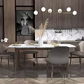 Elegant Modern Dining Table Set With Gray Chairs Marble Tabletop And Pendant Lights 3d model