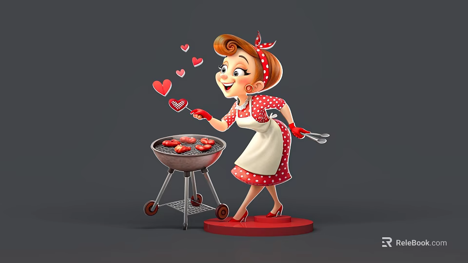 Happy Woman Grilling Sausages In Red And White Polka Dot Apron With Floating Hearts By Grill 3d model 