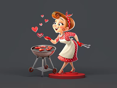Happy Woman Grilling Sausages In Red And White Polka Dot Apron With Floating Hearts By Grill 3d model