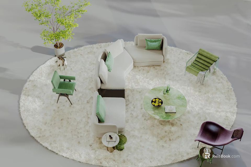 Modern Sofa and Coffee Table Set with Green Chairs Plants and Round Area Rug 3d model 
