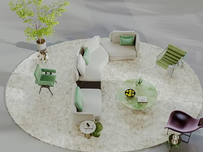 Modern Sofa and Coffee Table Set with Green Chairs Plants and Round Area Rug 3d model