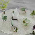 Modern Sofa and Coffee Table Set with Green Chairs Plants and Round Area Rug