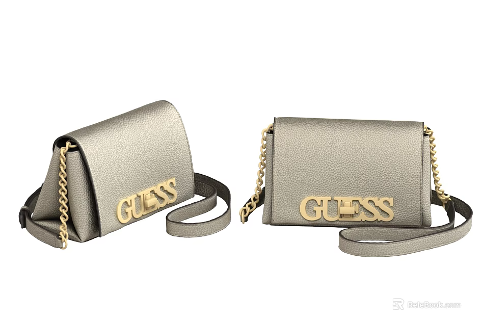 Stylish GUESS Grey Leather Handbags With Gold Chain And Logo Design 3d model 