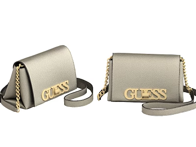 Stylish GUESS Grey Leather Handbags With Gold Chain And Logo Design 3d model