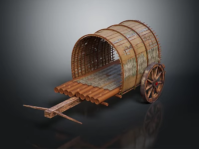 Traditional Bamboo Cart With Curved Roof Structure And Wooden Wheels Design 3d model