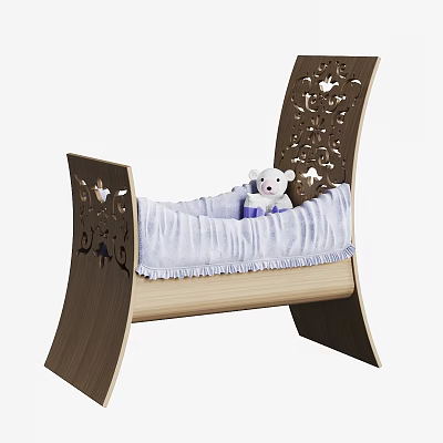Wooden Baby Crib With Carved Headboard Light Colored Sheet And White Teddy Bear 3d model