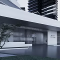 Modern Residential Entrance Gate Surrounded by High-Rise Buildings Trees Lawn Paths and Leisure Chairs