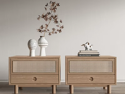 Natural Wood Nightstands with Rattan Drawers White Vases Branch Decor Stacked Books and Deer Figurine 3d model