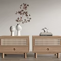 Natural Wood Nightstands with Rattan Drawers White Vases Branch Decor Stacked Books and Deer Figurine